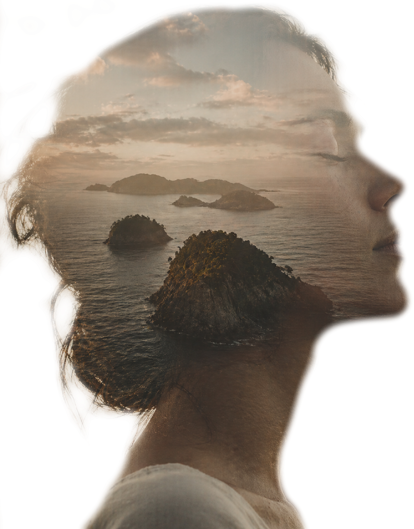 Profile silhouette with a calm seascape visible inside the outline.